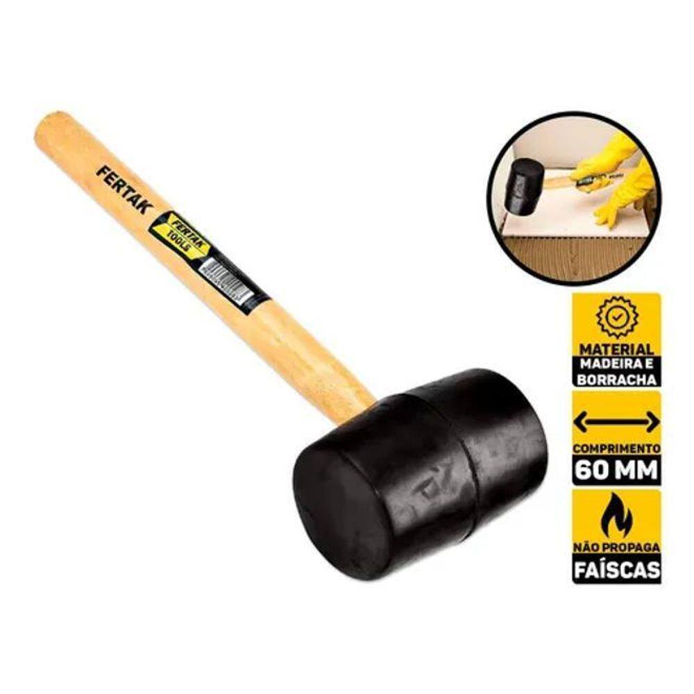 Martelo De Borracha Preta 60Mm Marreta 16Oz Cabo De Madeira