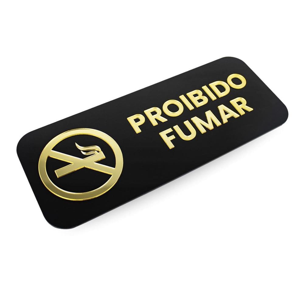 Placa Espelhada Acrílico Proibido Fumar Preto E Dourado