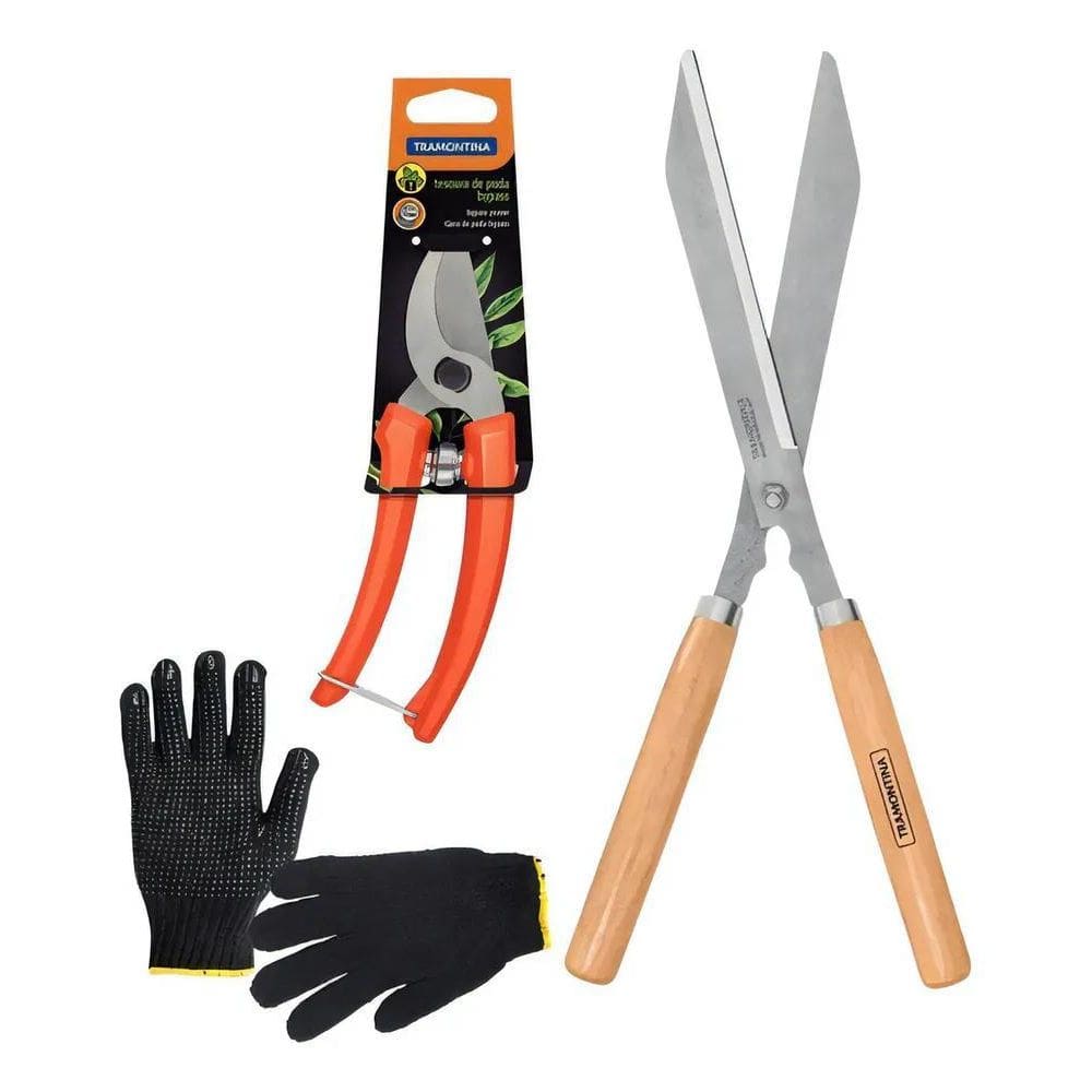 2X Tesoura Para Cerca Viva + Tesoura Poda Tramontina + Luva