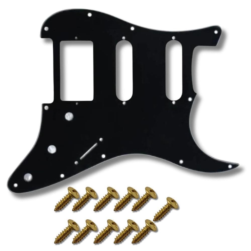 Kit Escudo P Guitarra Strato Hss Preto + 11 Parafuso Dourado