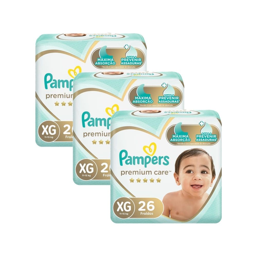Kit 3 Fralda Pampers Premium Care Tamanho XG Pacote Mega 26 Fraldas Descartáveis