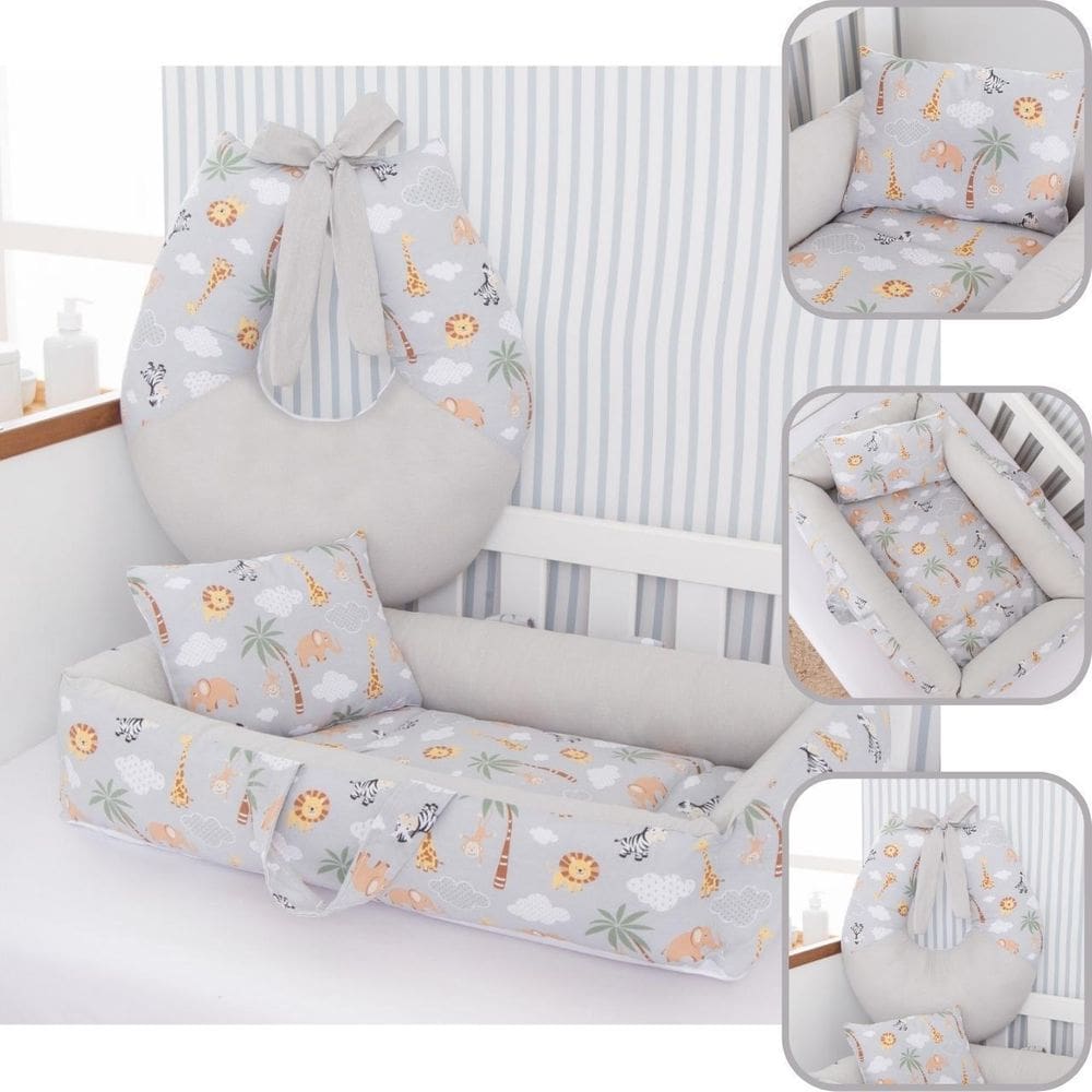 Kit Ninho Redutor + Almofada Amamentação Bebê Safari Cinza