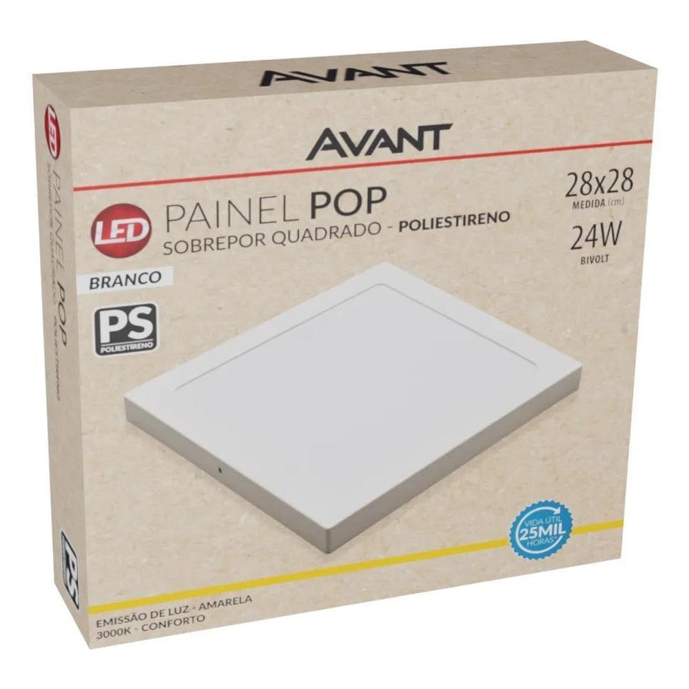 2X Painel Plafon Led 24W Quadrado Sobrepor Bco Frio Avant Co