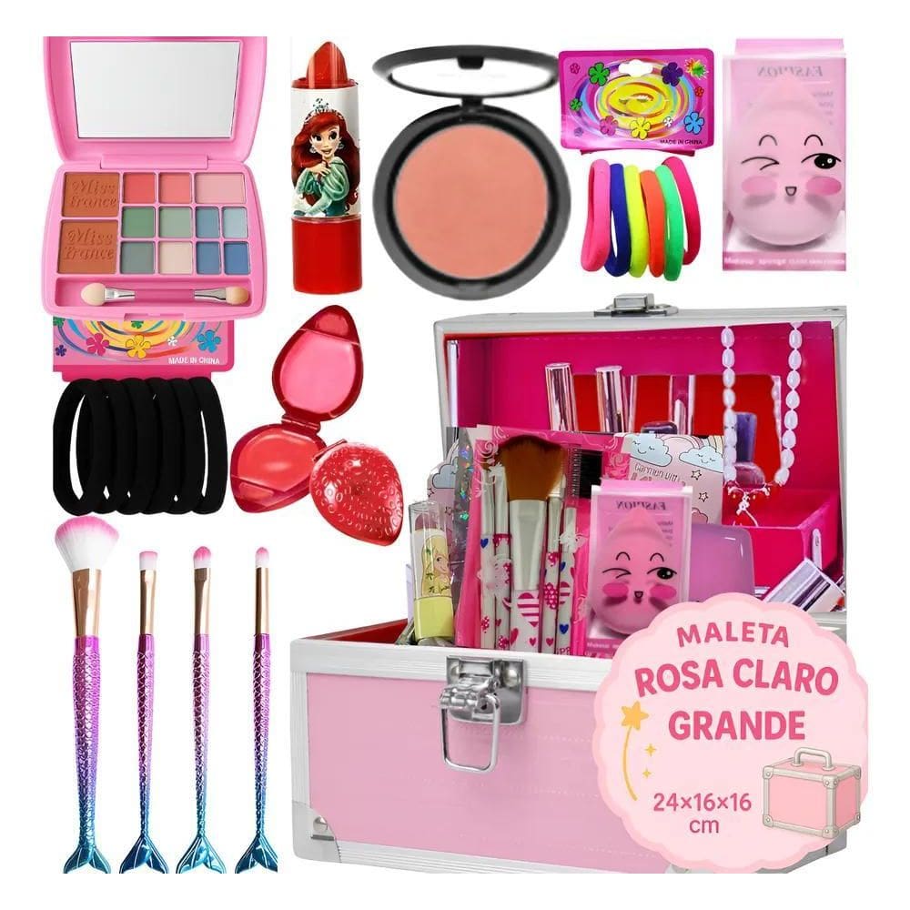 Kit Maquiagem Infantil Princesa Maleta Rosa Com Espelho