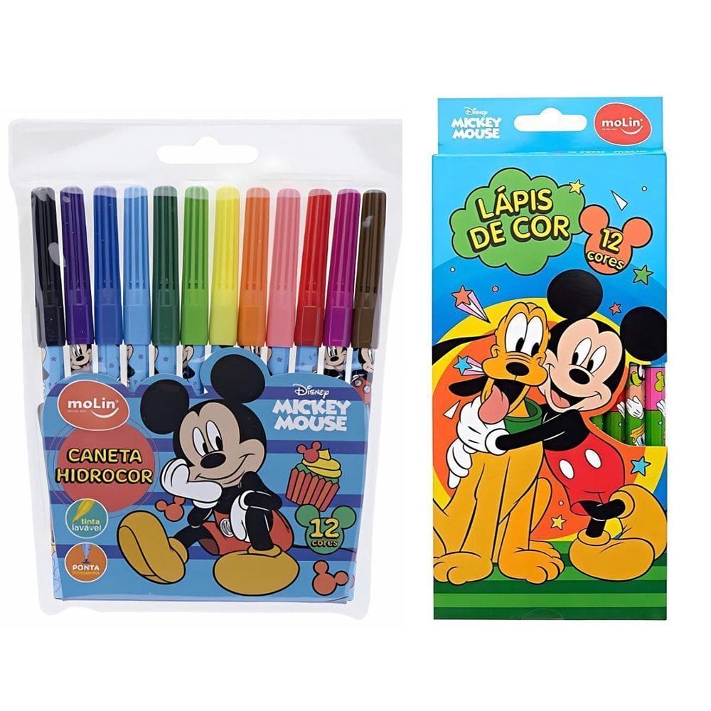 Kit Mickey Mouse Escolar Canetinha + Lápis De Cor Molin