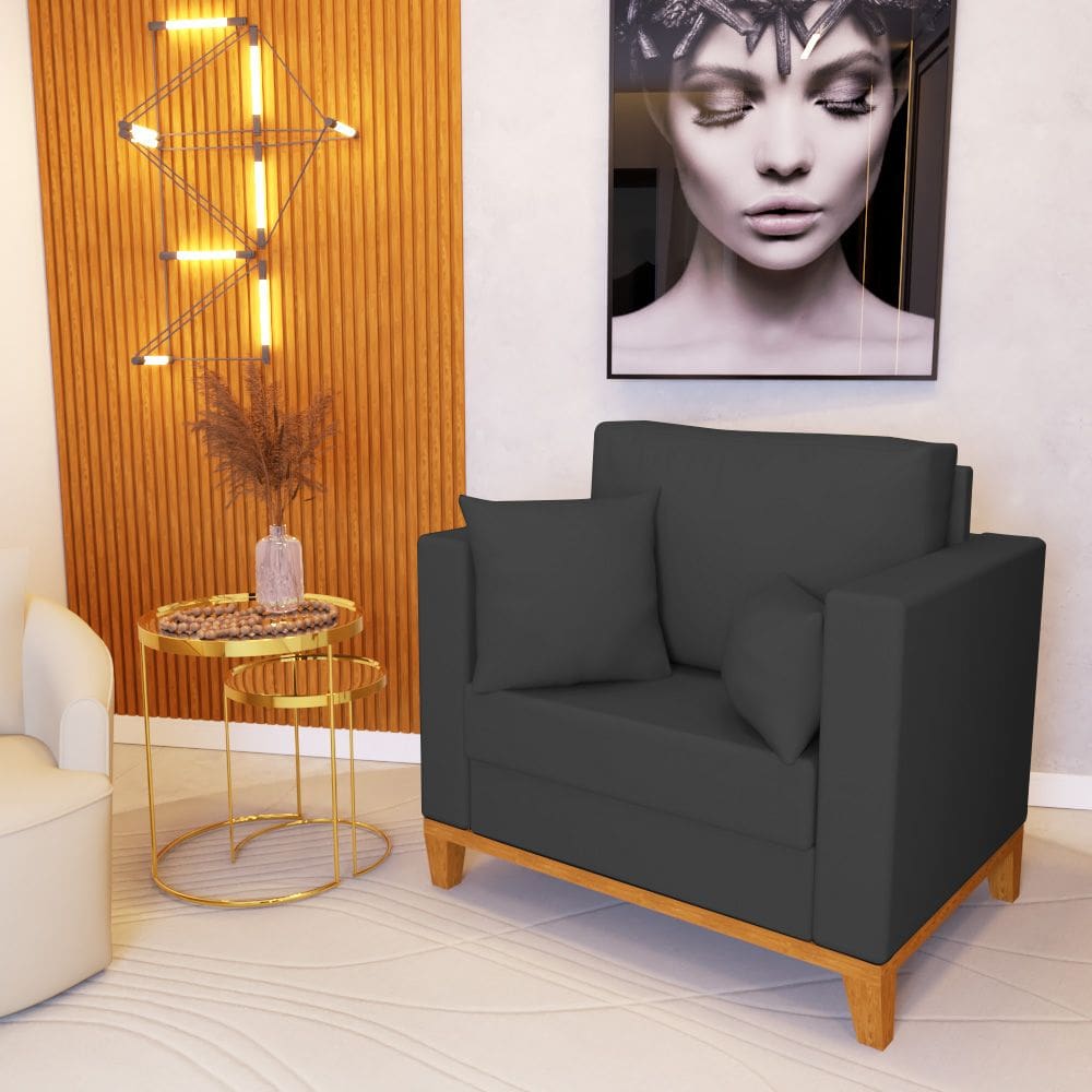 Poltrona Beny para Recepção com 2 Almofadas Veludo Cinza Base em Madeira Maciça