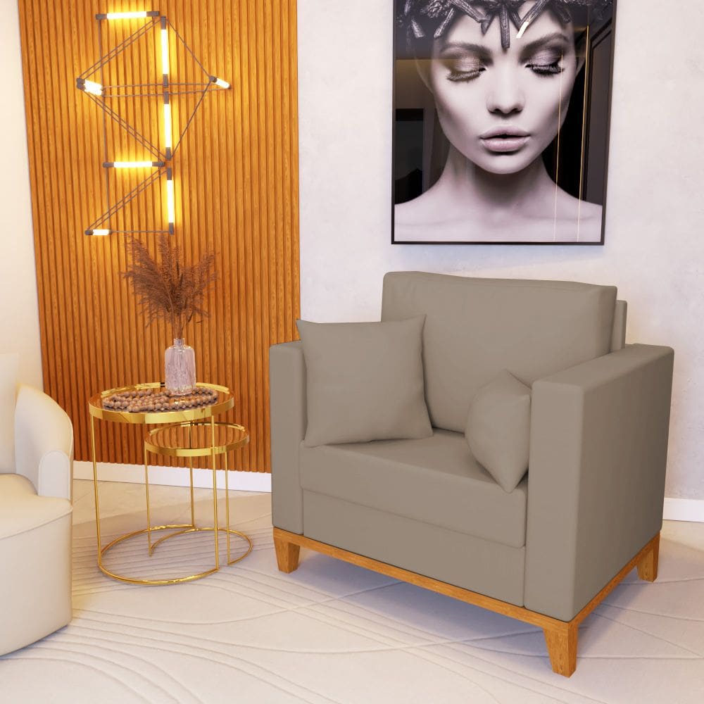 Poltrona Beny Decorativa com 2 Almofadas Veludo Bege Base em Madeira Maciça