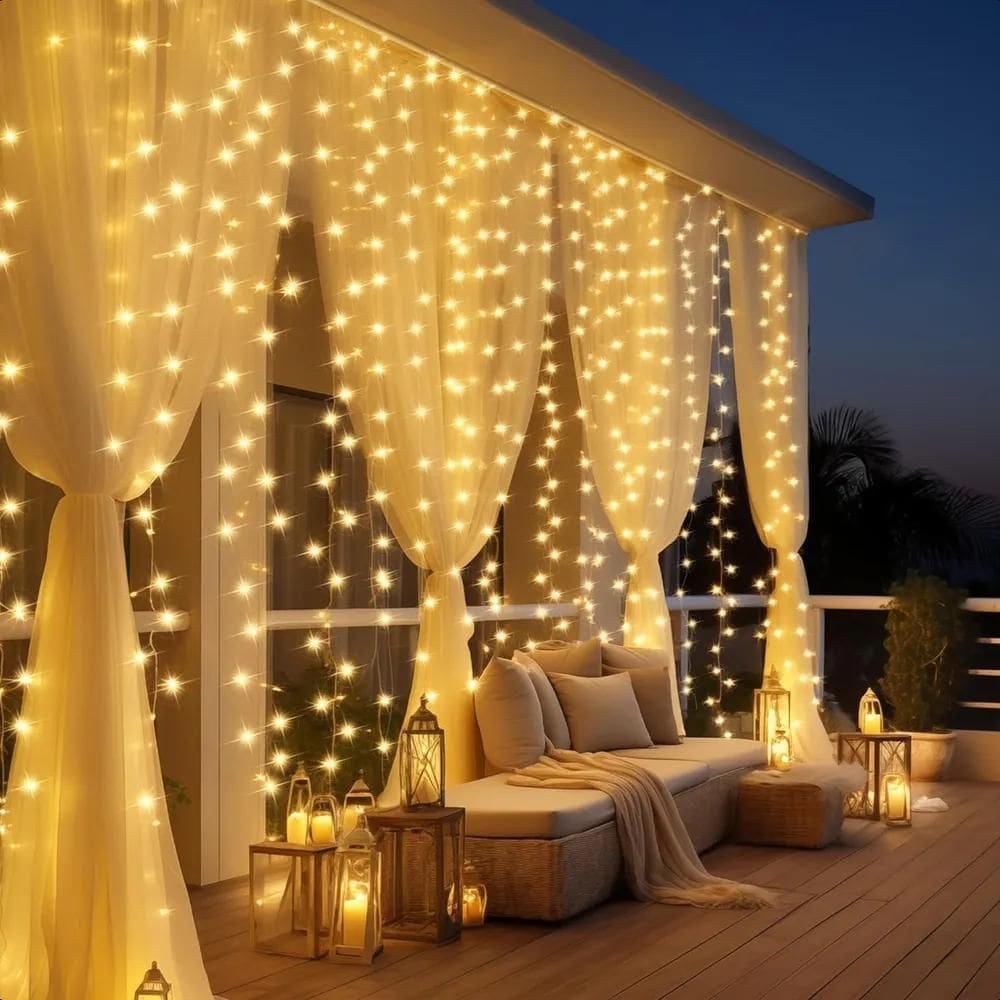 2X Cortina Led Decoração 3X3 Metros Y 300 Leds Luzes Amarelo
