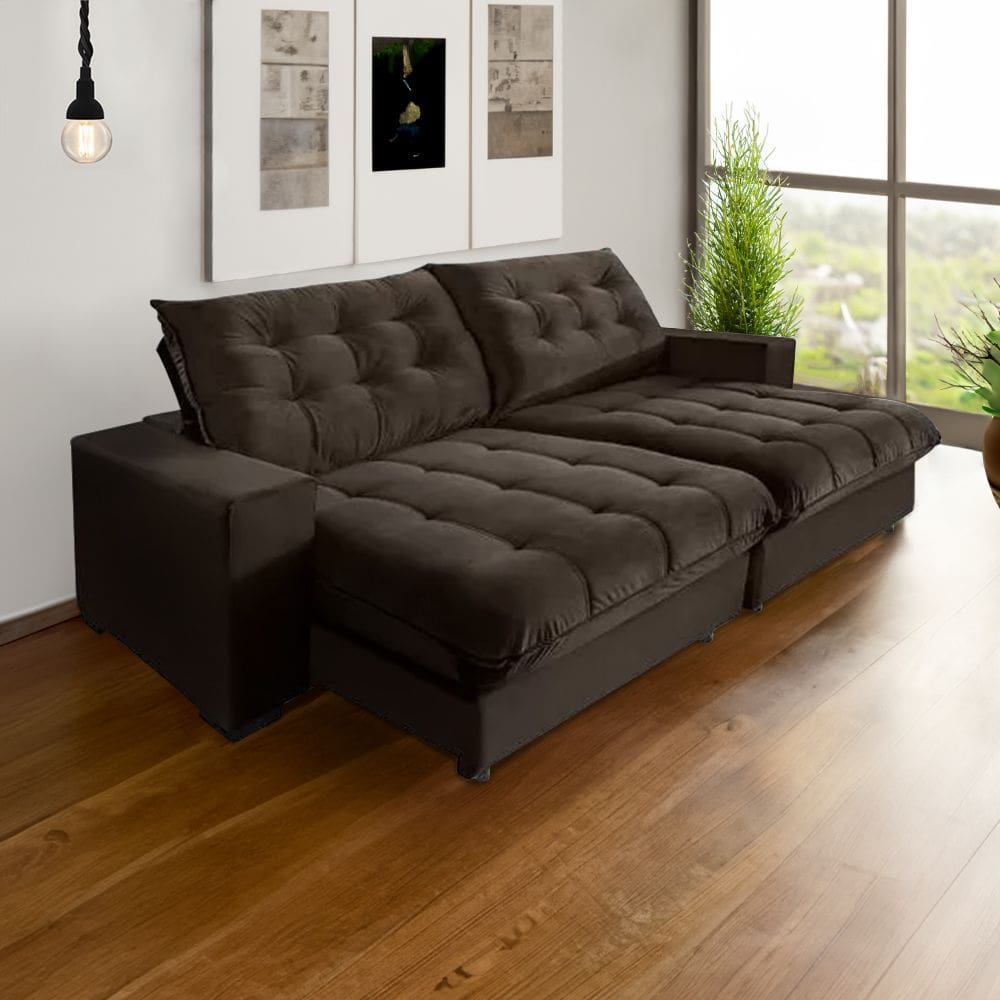 Sofá Califórnia Retrátil e Reclinável 5 Lugares 2,70m com Molas Ensacadas e Pillow Marrom