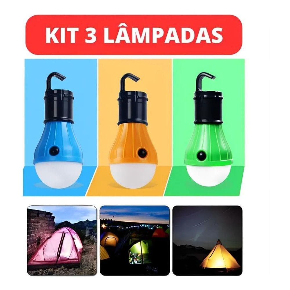 2X Kit 3 Lâmpadas Camping Led Pesca Barraca Lanterna Pilha T