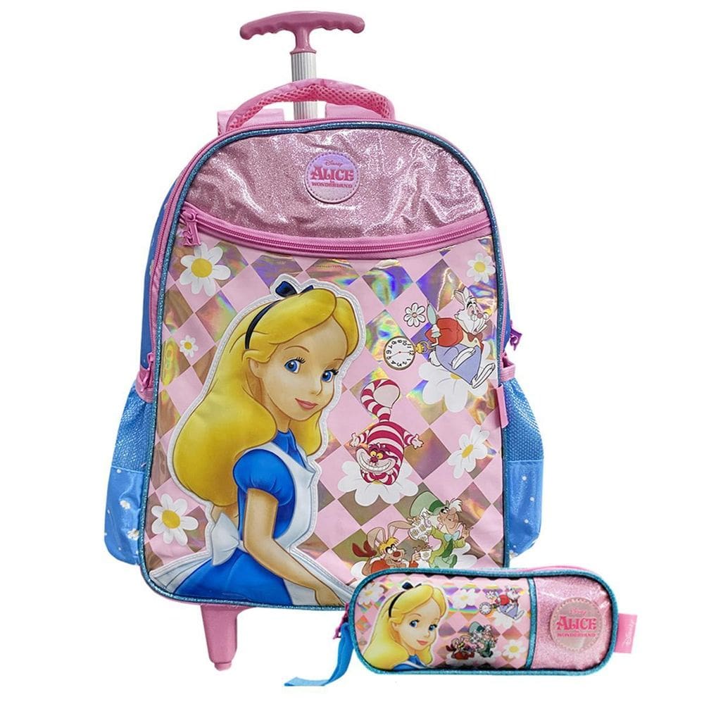 Kit Mochila Alice In Wonderland De Rodas Com Estojo 2 Bolsos