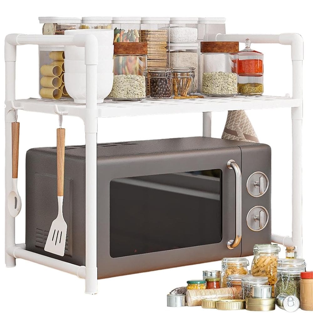 Suporte Rack Microondas Organizador Cozinha Prateleira Gancho Talher Louça Tempero Balcao Armario Compacto