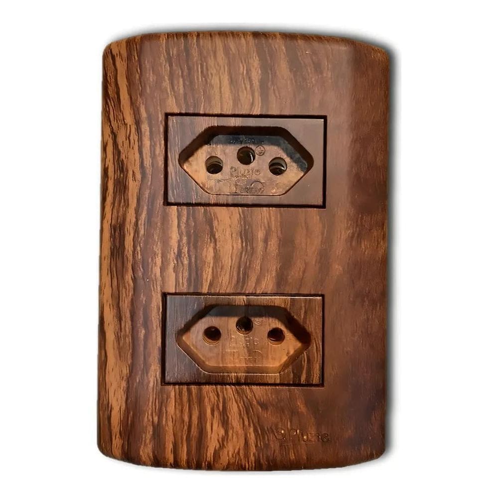 2X Tomada Dupla 10A Rústico Imbuia Estilo Madeira Fosco Pluz