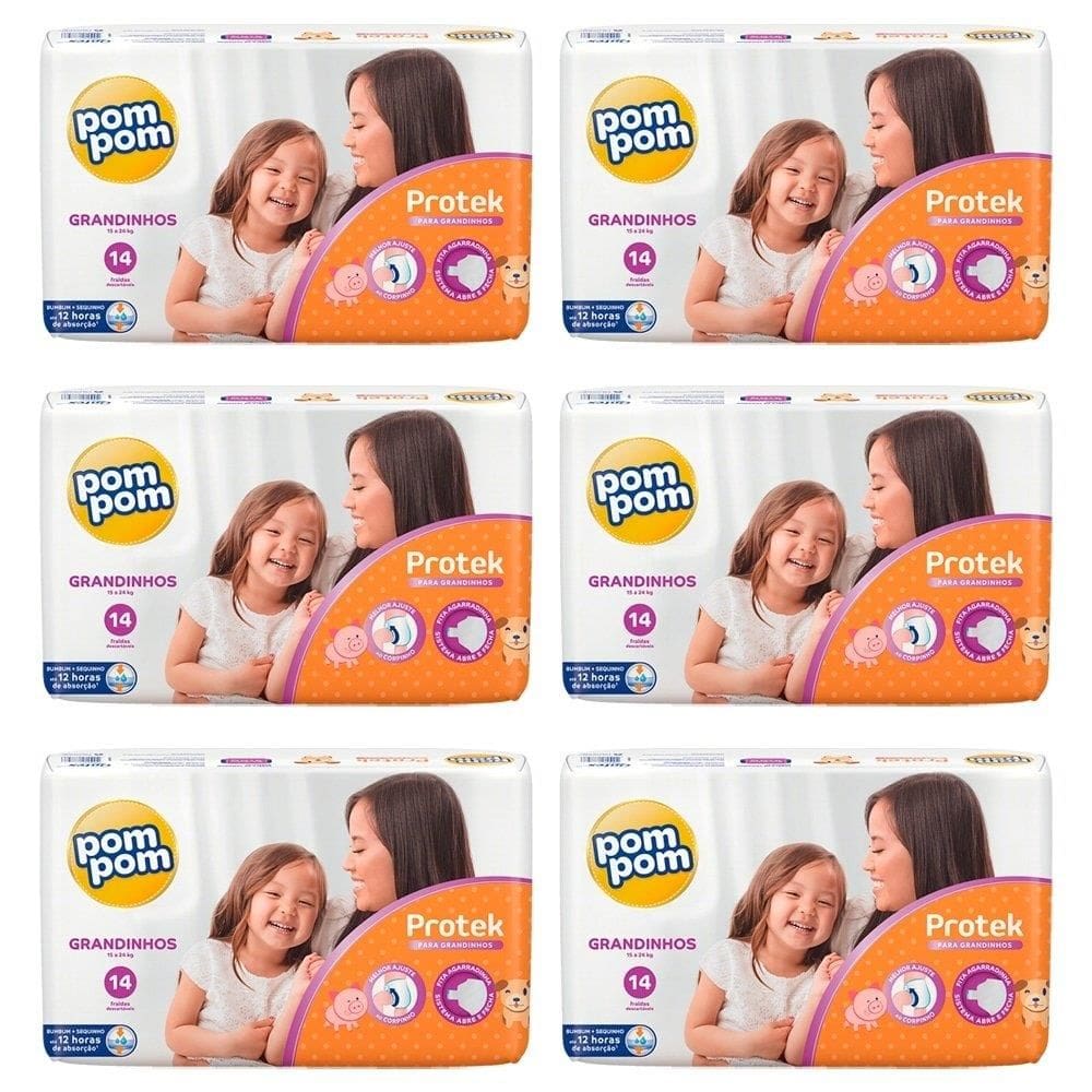 Fralda Descartável Pom Pom Protek Baby Jumbo Grandinhos Tamanho XXG - 6 Pacotes com 14 Fraldas - Total de 84 Tiras