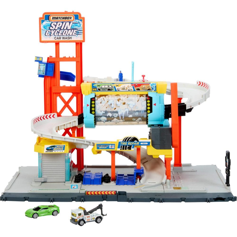 Conjunto de trilhos para carros de brinquedo Matchbox Spin Cyclone Car Wash com carros