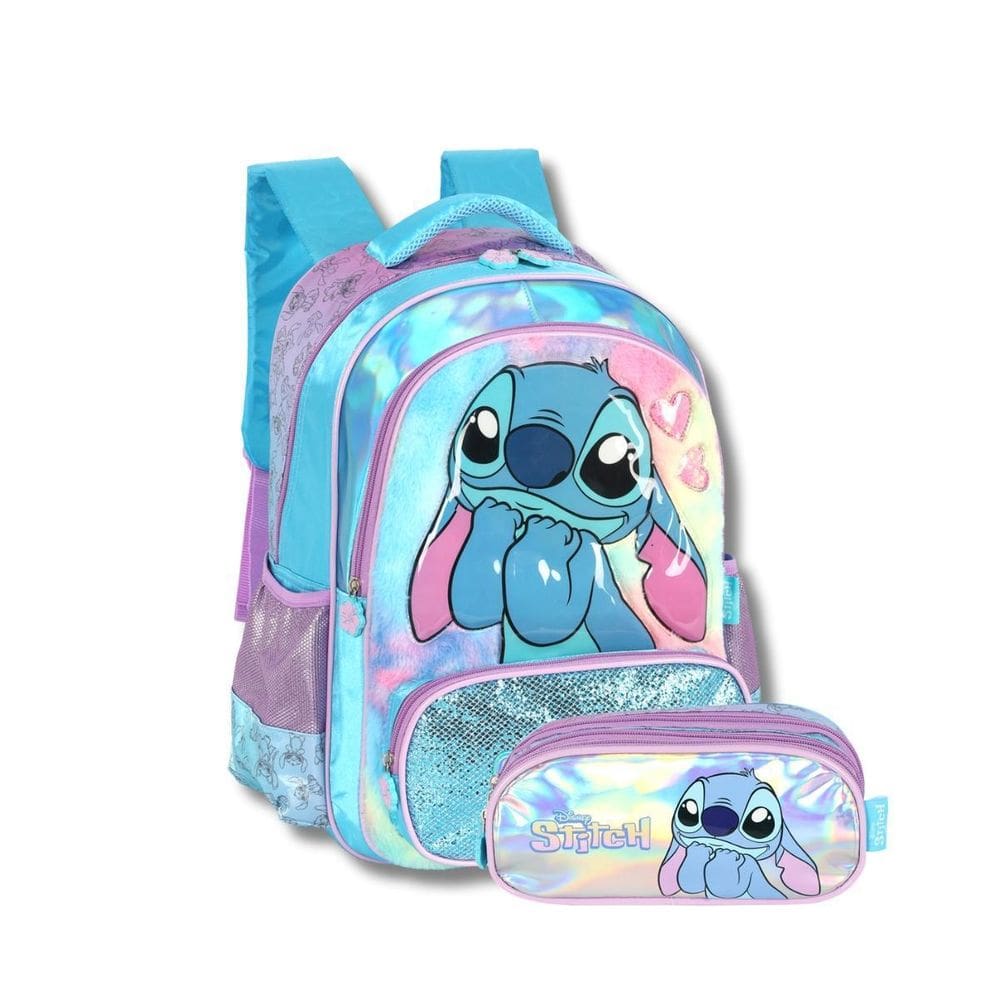 Kit Mochila Costas E Estojo Triplo Stitch Escolar Kids Azul