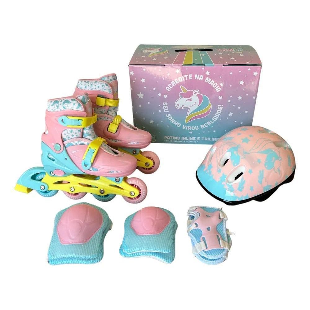 2X Patins Infantil Feminino 2 Em 1 Inline Triline +Kit Prote