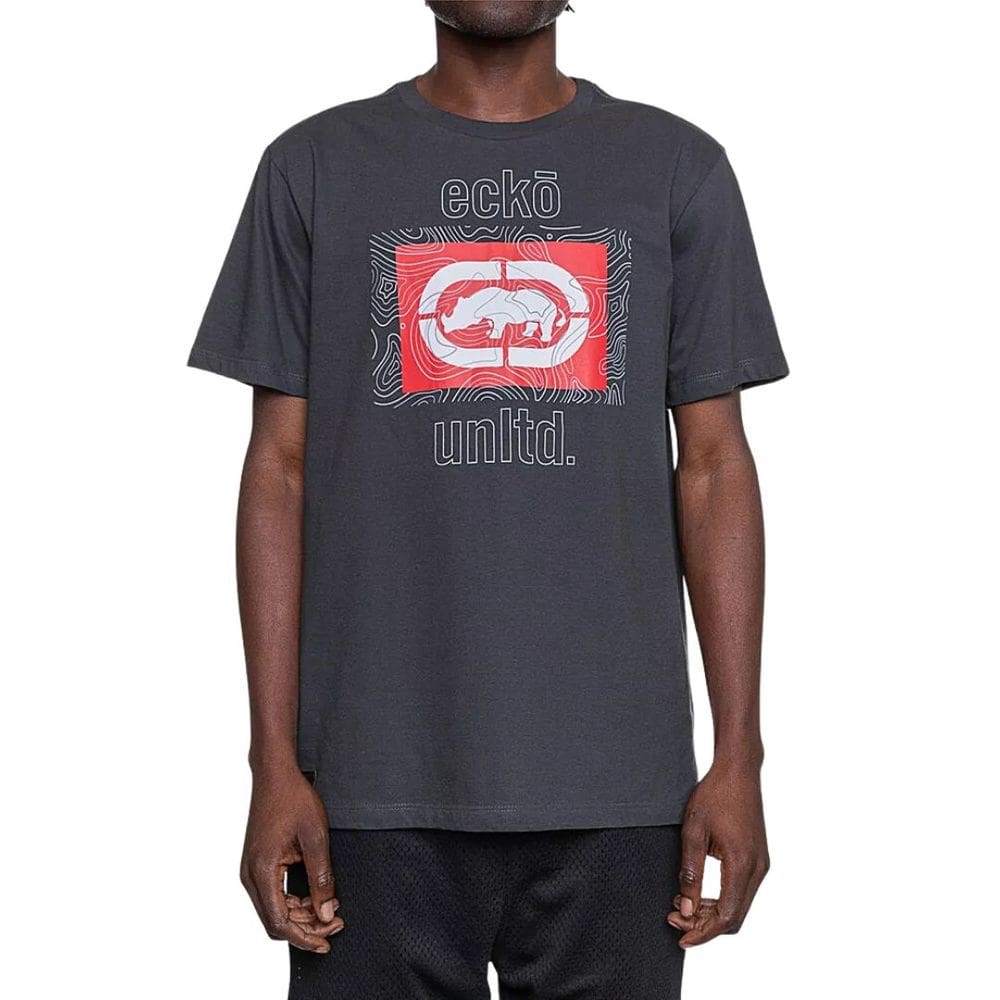 Camiseta Ecko Casual Grafite Escuro Logo Vermelha Malha Algodão