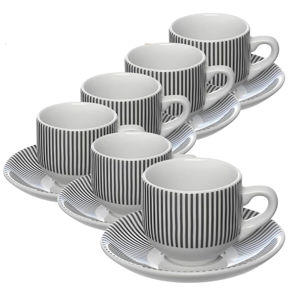 Jogo de Xícaras Com Pires Lisboa em Porcelana para Café Branca e Preto 90ML - 12 Peças