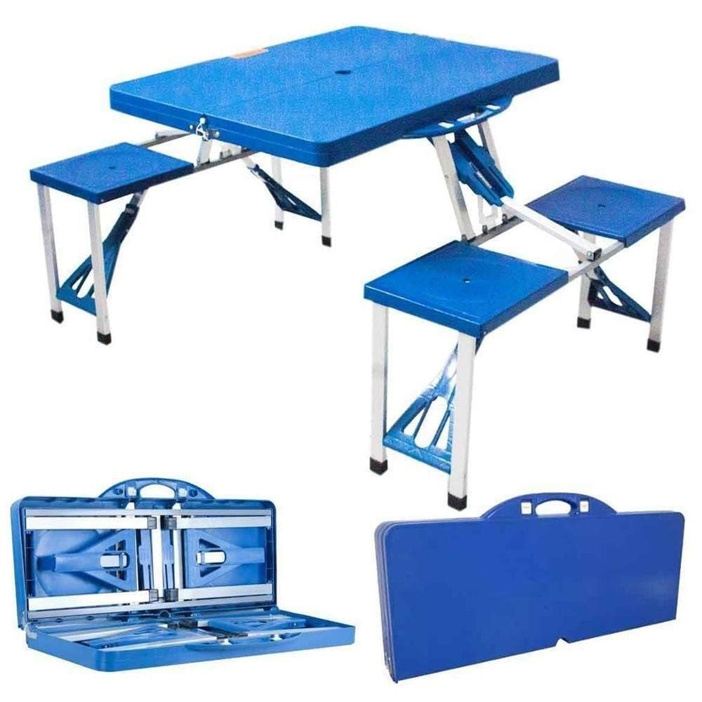 Mesa Camping Praia Com 4 Banquinhos Dobrável Maleta Portátil