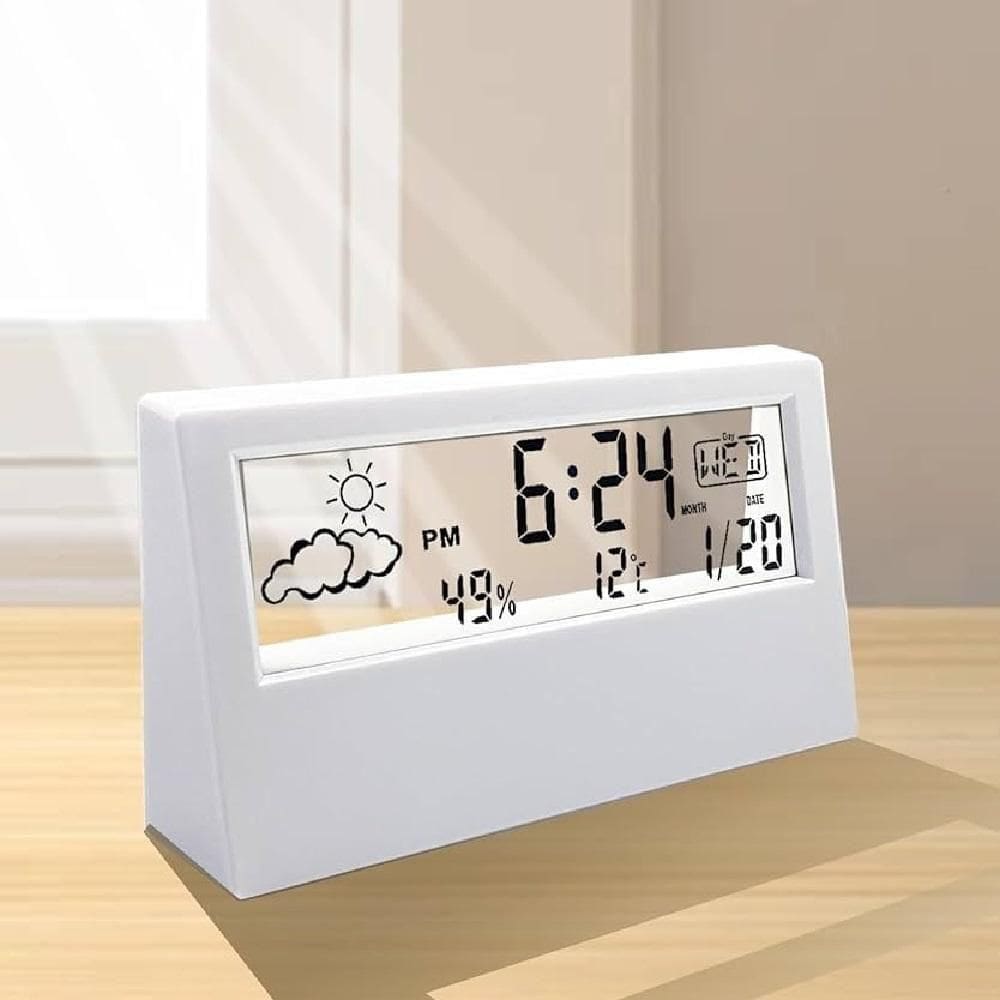 Relógio Mesa Despertador Digital Multifuncão Tela Transparente Lcd Iluminada Sensor Clima