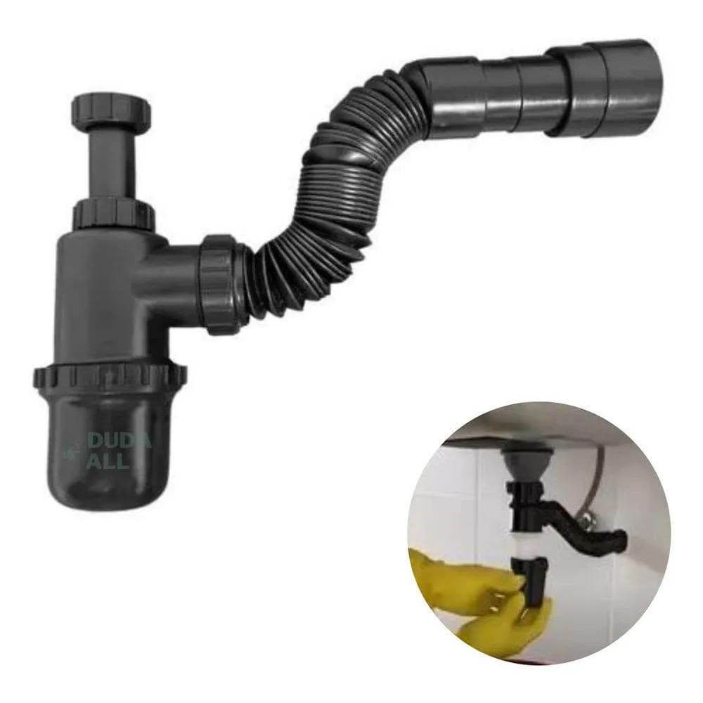 2X Sifão Sanfonado Copo Preto Universal Pia Cozinha Banheiro