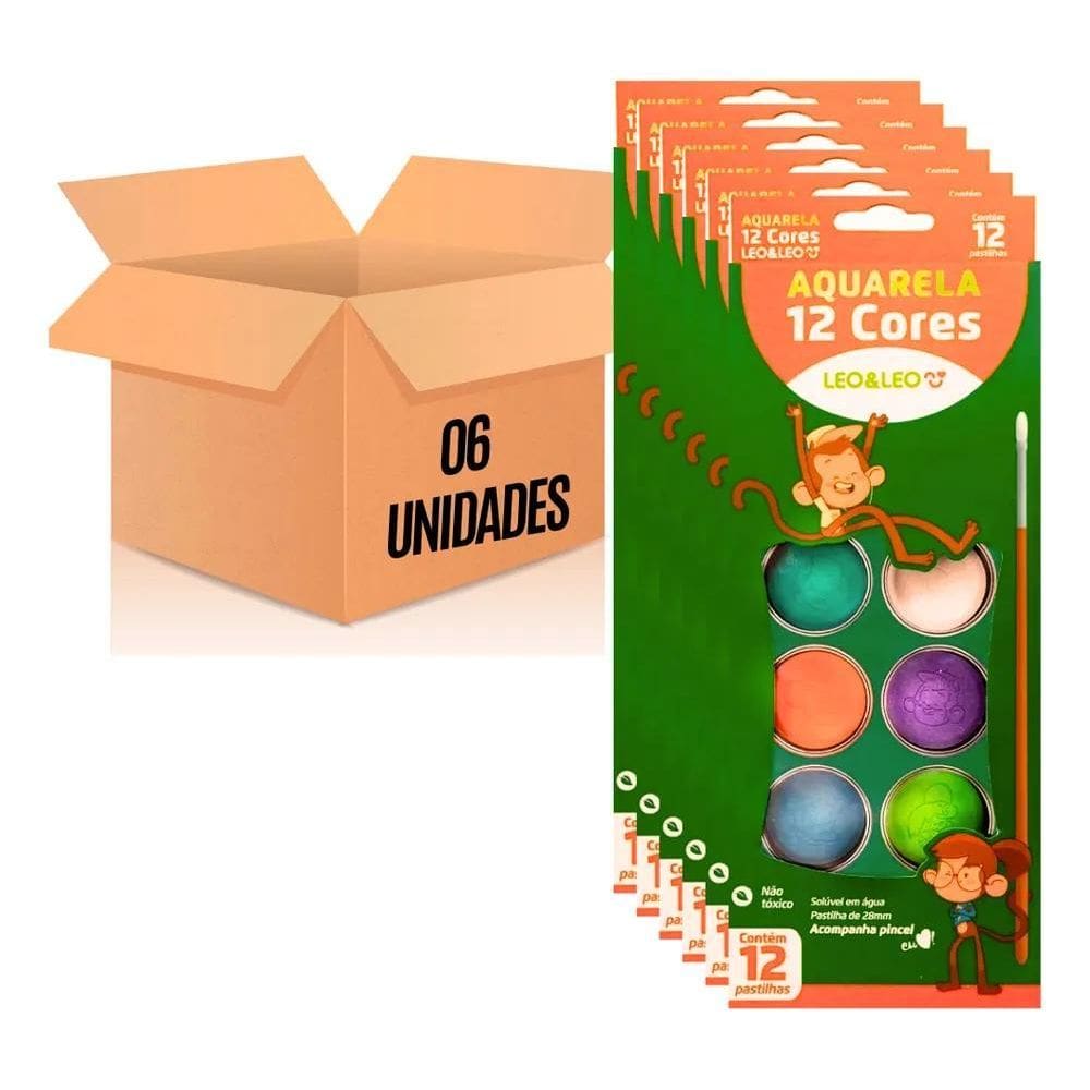 Kit Escolar 06 Tintas Aquarela Leoleo 12 Cores Com Pincel