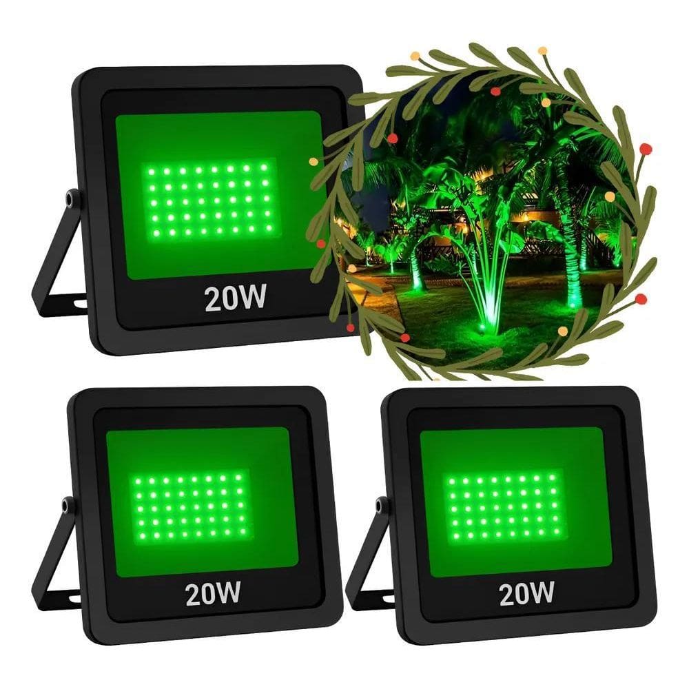 2X Kit 3 Refletores Luz Verde Led 20W Iluminação Jardim Gram