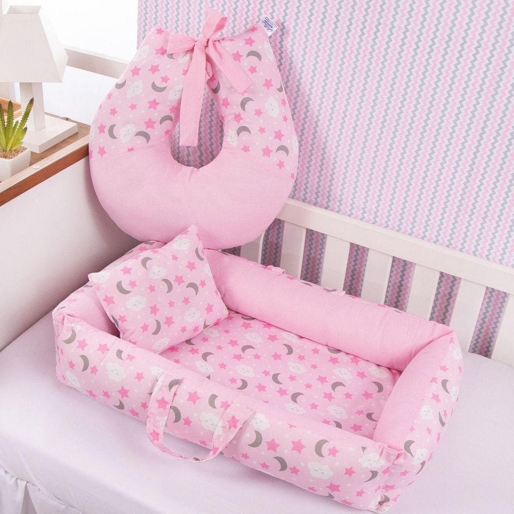 Kit Ninho Redutor + Almofada Amamentação Bebê Céu Rosa