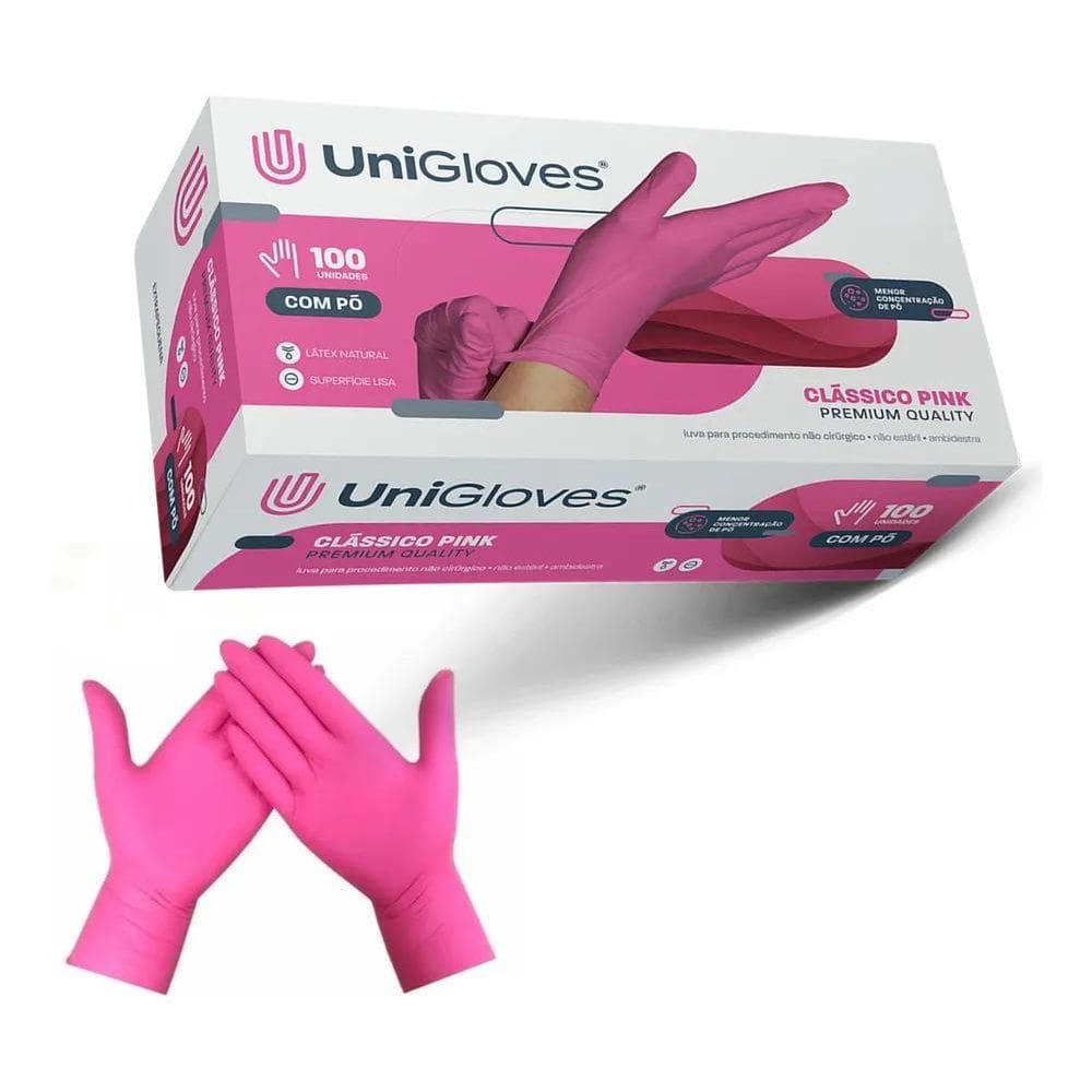 2X Luva Látex Pink Rosa Com Pó Caixa Com 100 Unid Unigloves
