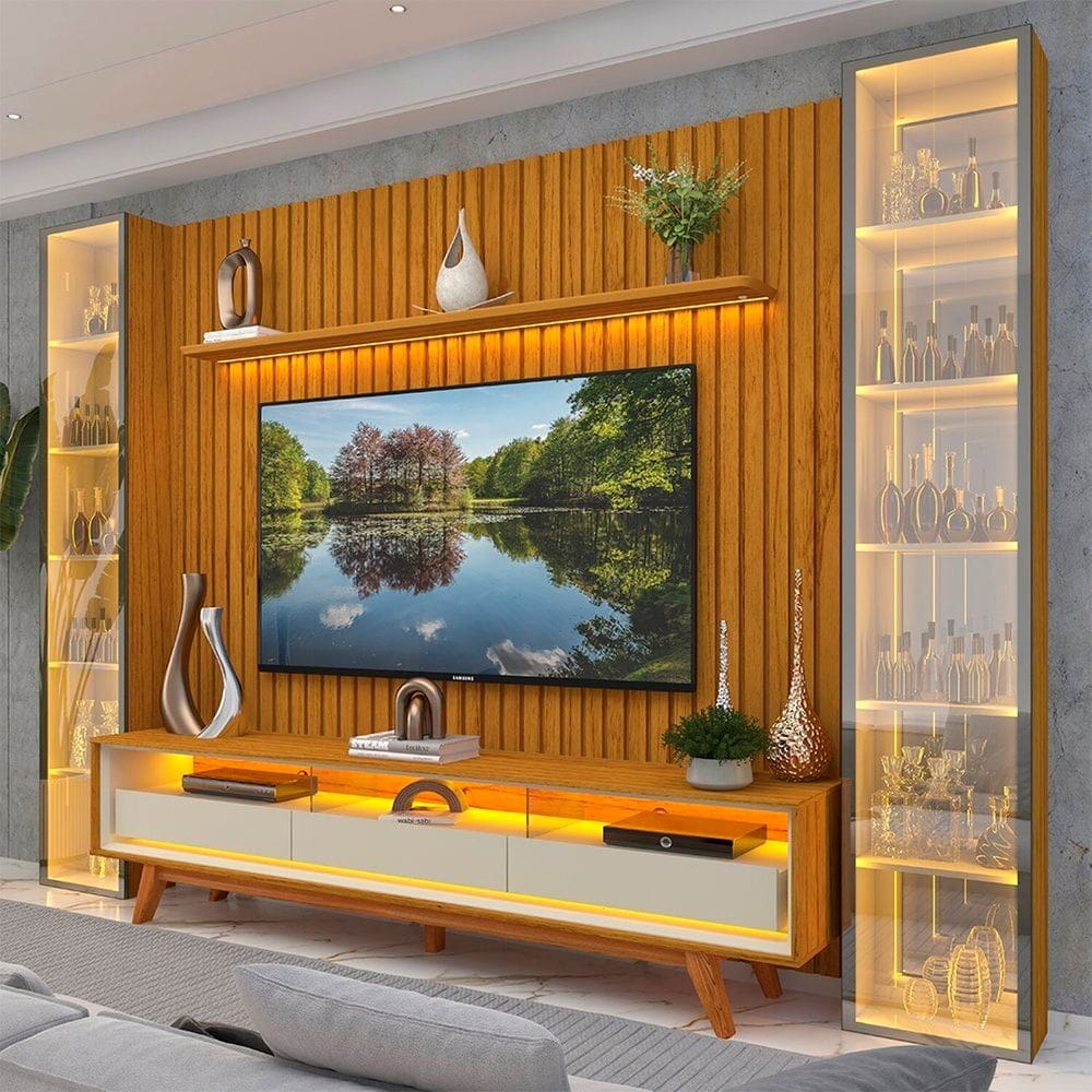 Rack com Painel para Tv até 85” 3g2p Led/pés Mad/esp 304,8cm 100% Mdf Nobre Clean/requinte/luminare Naturale/Off White