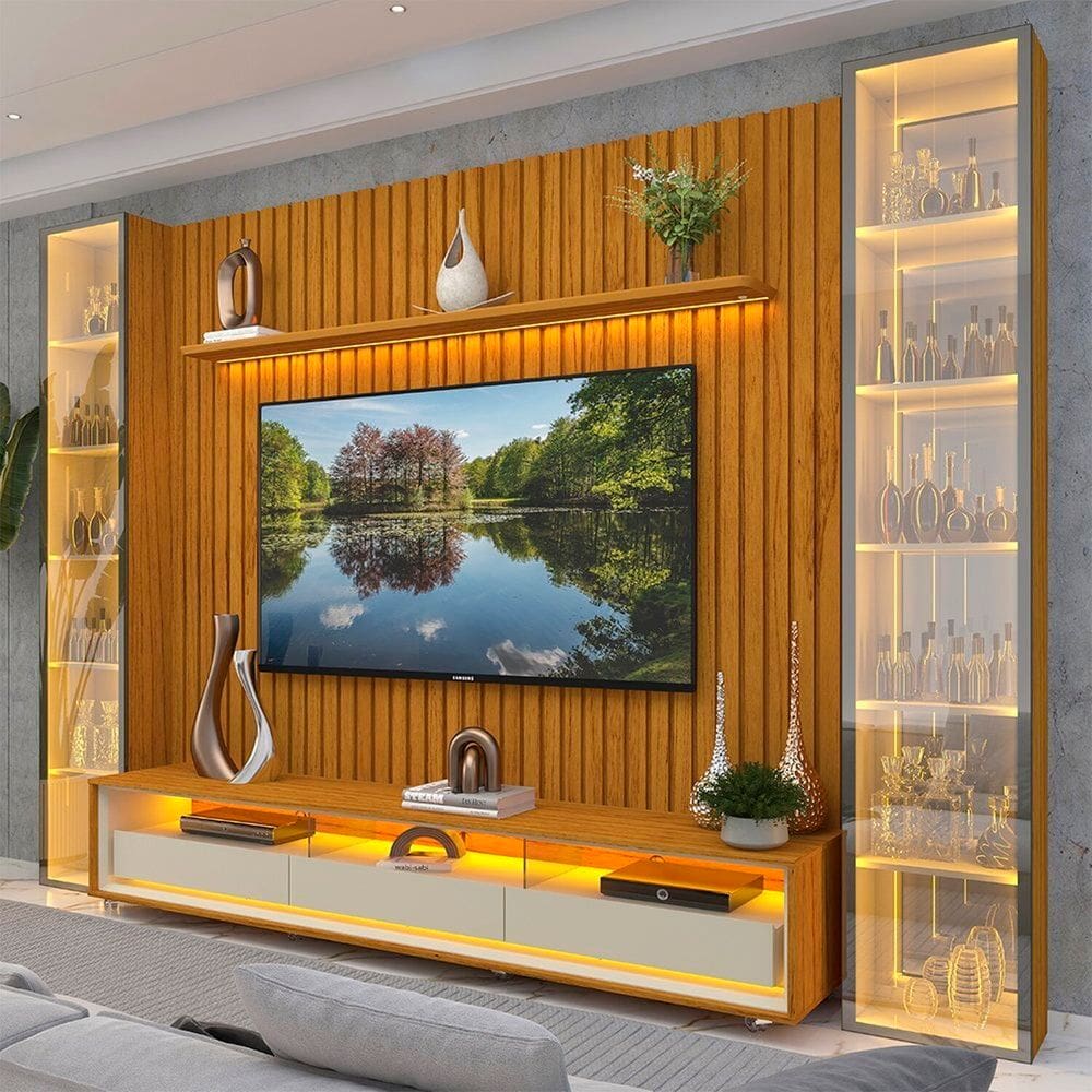Rack com Painel para Tv até 85” 3g2p Led/rodízios/esp 304,8cm 100% Mdf Nobre Clean/requinte/luminare Naturale/Off White