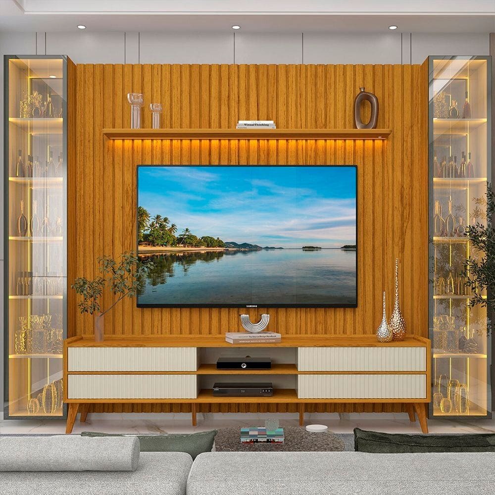 Rack com Painel para Tv 84 Polegadas Pés em Madeira Maciça 100% Mdf Nobre Clean/magnífico/luminare Naturale/Off White