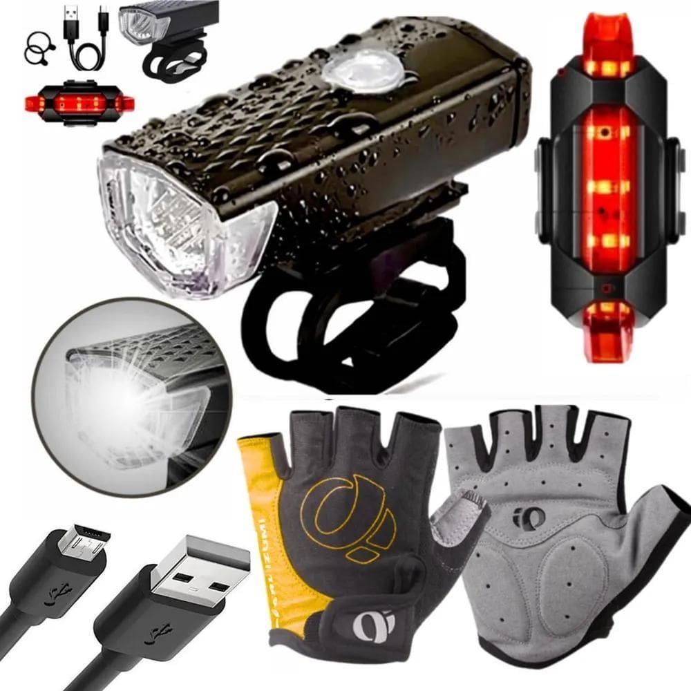 2X Kit Ciclista Lanterna Farol Sinalizador Luva Bike Mtb Mot