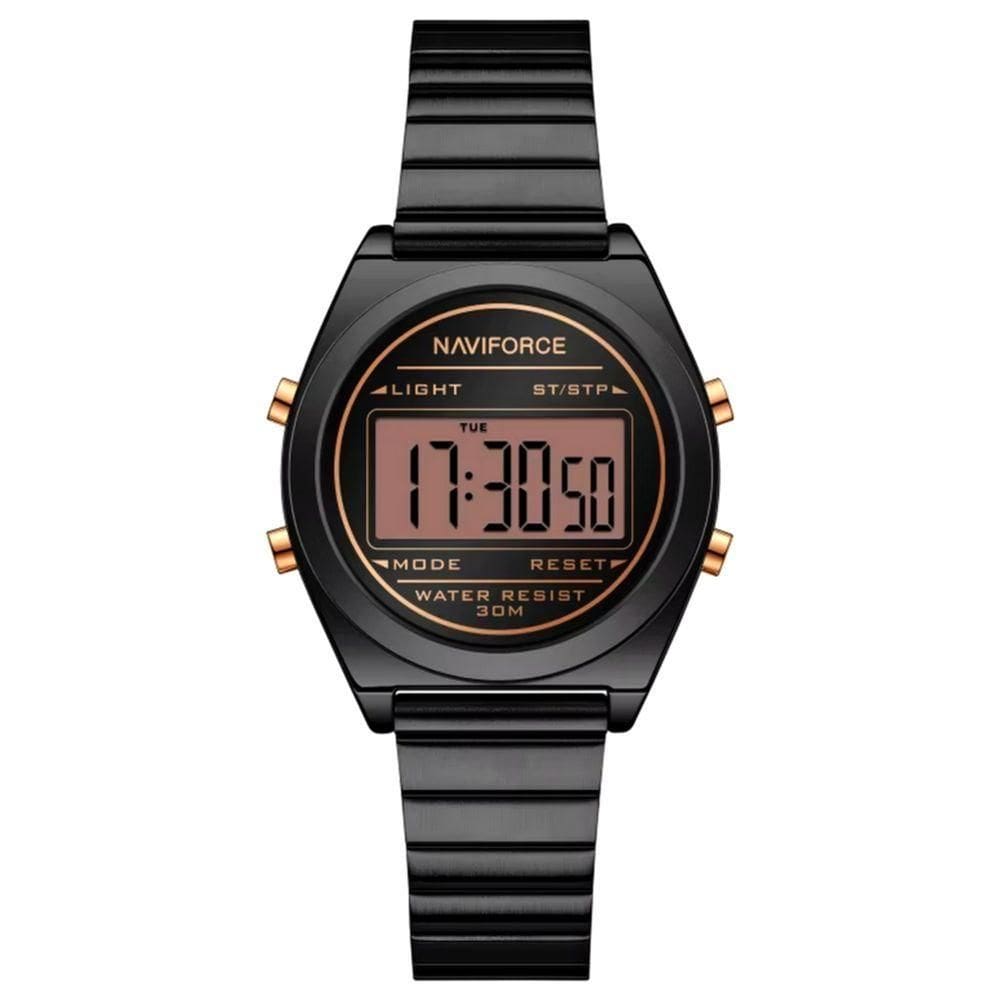 Relógio Digital Feminino Com Pulseira De Aço Inoxidável De Quartzo Elegante Preto Fosco