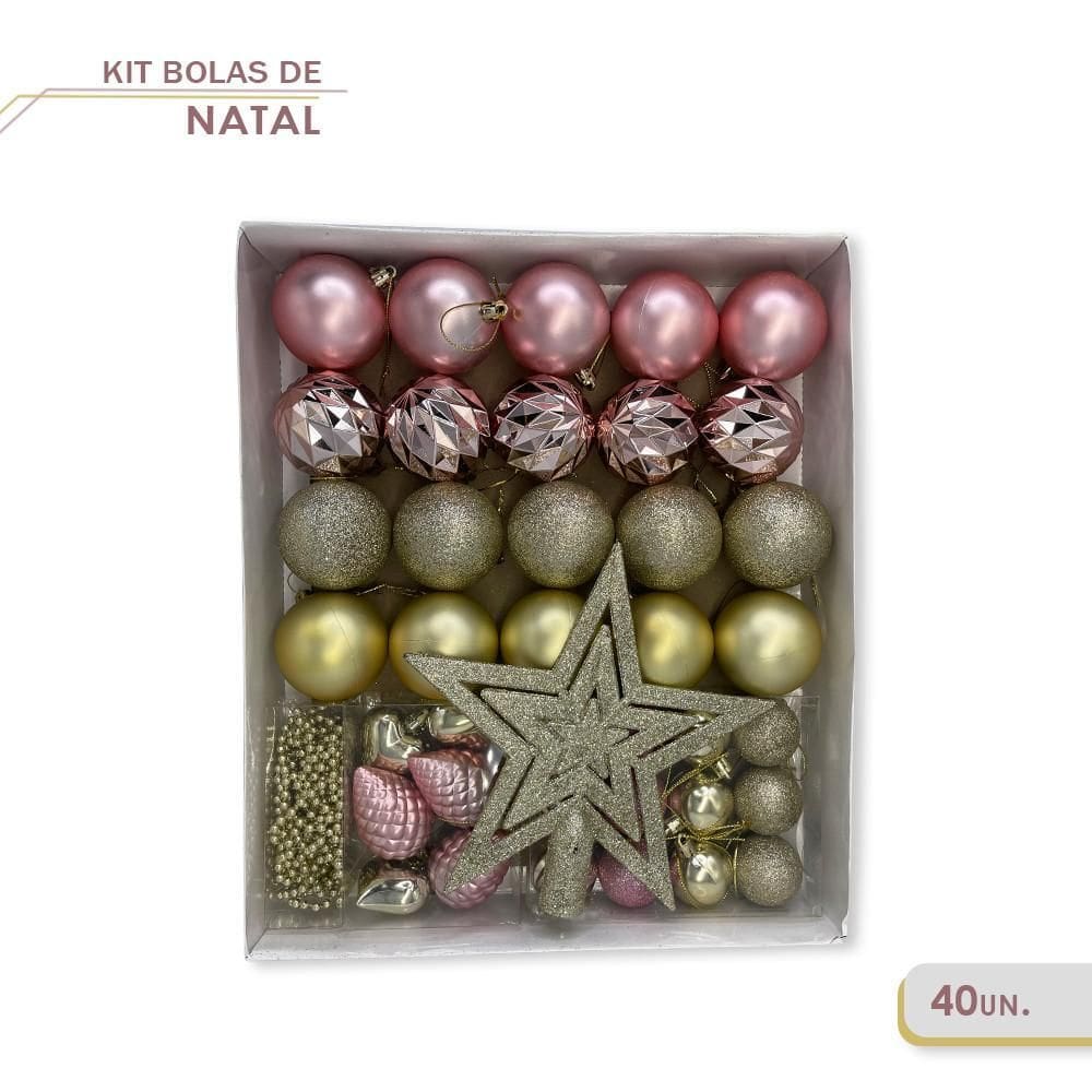 Kit Enfeites De Natal Bolas Estrela Dourado E Rosa Completo