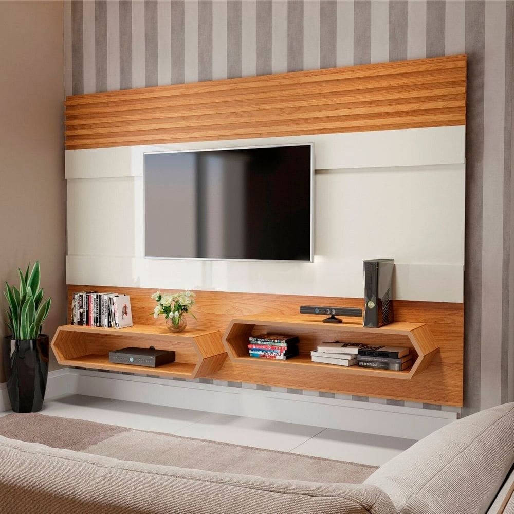 Painel para Tv 65 Polegadas 100% Mdf Suspenso 220cm com 2 Nichos Freijó / Off White