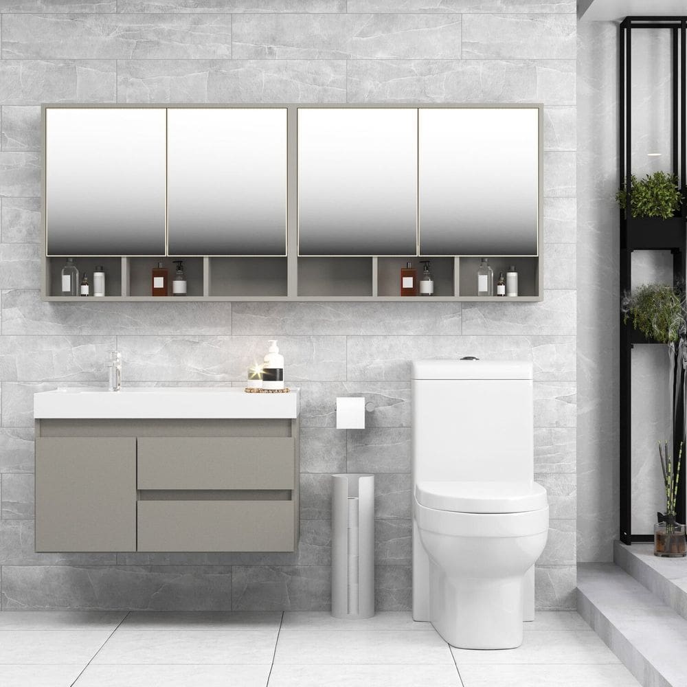Conjunto Gabinete para Banheiro com Espelheira Floripa Cimento