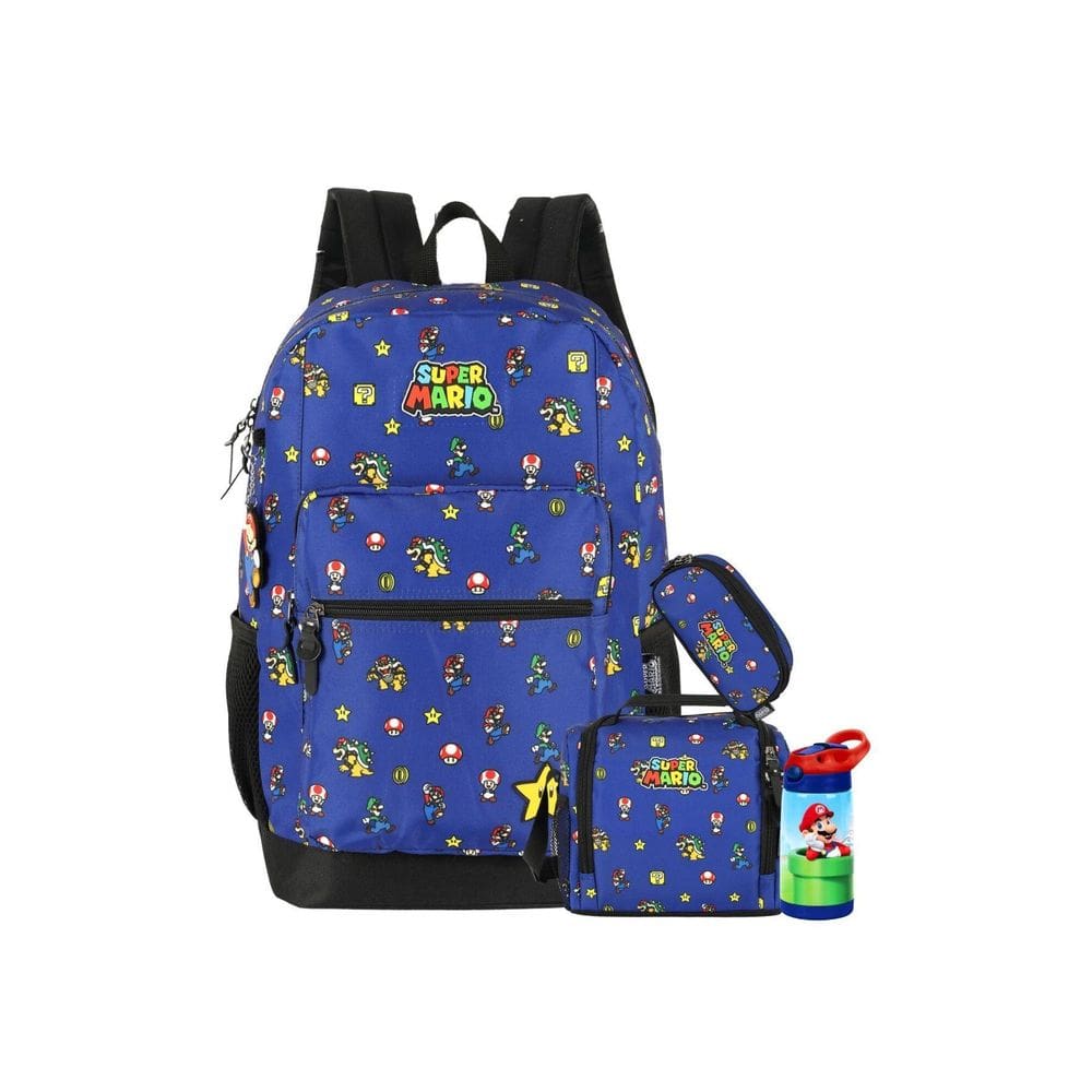 Kit Super Mario Mochila Lancheira Estojo Garrafa - Azul