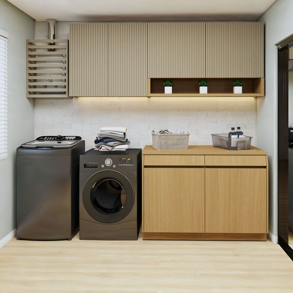 Lavanderia Modulada 3 Peças 6 Portas 2 Gavetas com Rodapé Carvalho/Greige