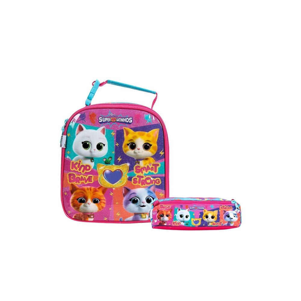 Kit Escolar Super Gatinhos Lancheira Térmica + Estojo Duplo