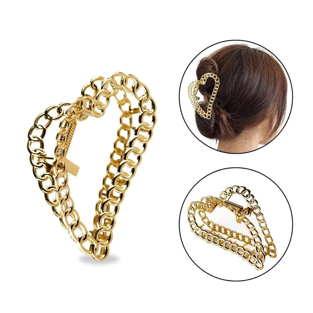 Kit 2 Prendedor Presilha Cabelo Coração Dourado Correntes