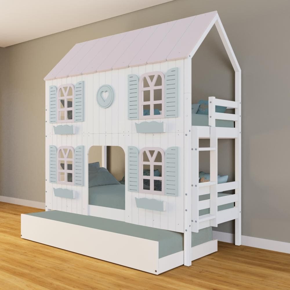 Treliche Casinha Bela com Coração 4 Janelas Venezianas - Madeira Maciça Branco/Rosa/Verde | Housin