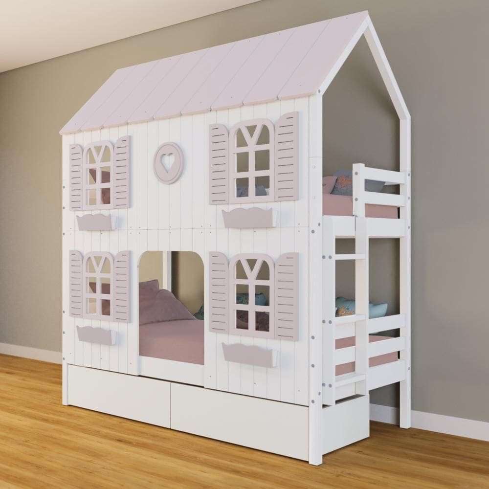 Beliche Casinha Bela com Coração 2 Gavetas 4 Janelas Venezianas - Madeira Maciça Branco/Rosa | Housin