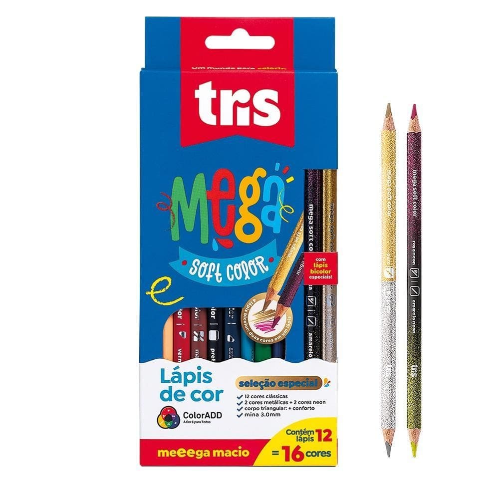 Lápis De Cor Tris Mega Soft 12 Cores + Tons Neon E Metálicos
