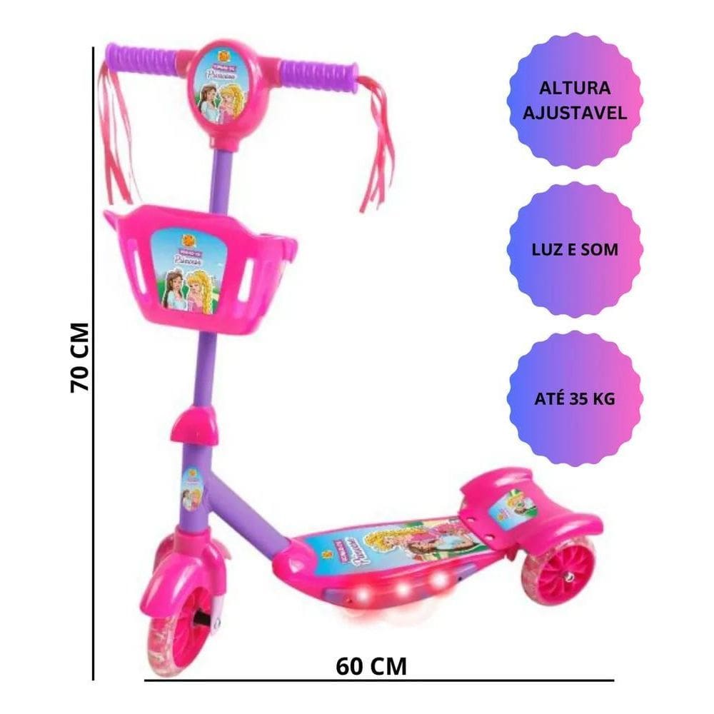 2X Patinete Infantil Musical Princesa 3 Rodas Luzes E Cestin
