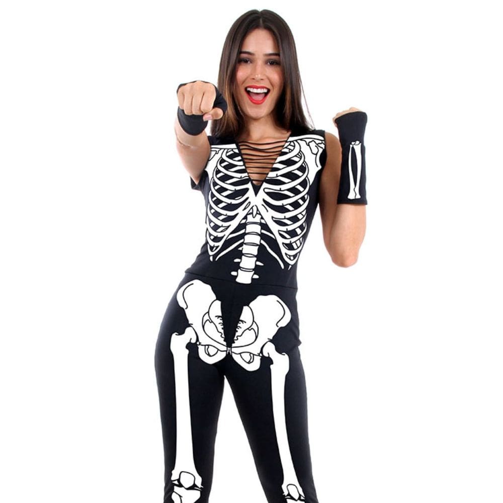 Fantasia Halloween Feminina Esqueleto Luxo Macacão c/ Luvas