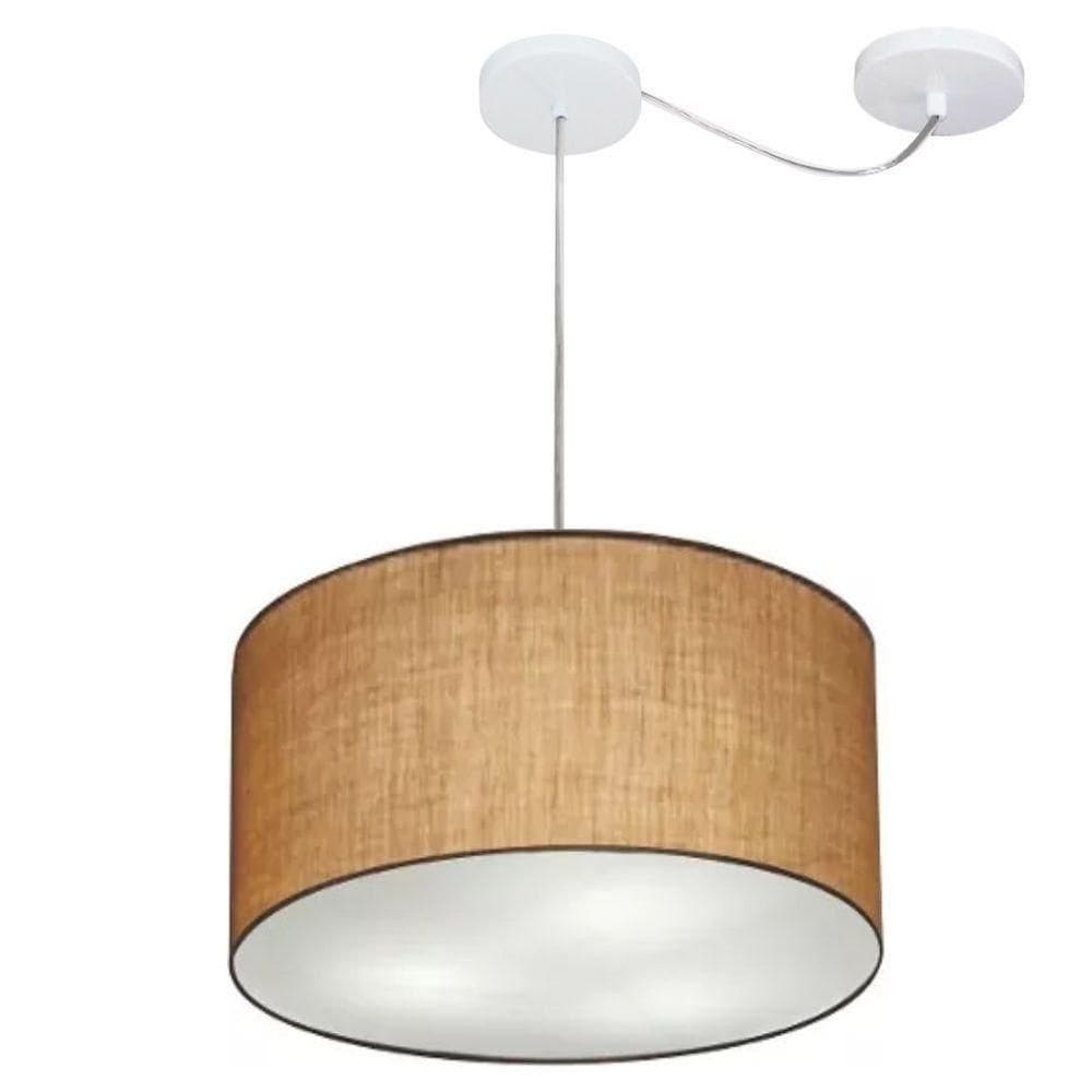 Lustre Pendente Cilíndrico Com Desvio De Centro Vivare Md-4163 Cúpula Em Tecido 40x25cm - Bivolt Palha 127/220v