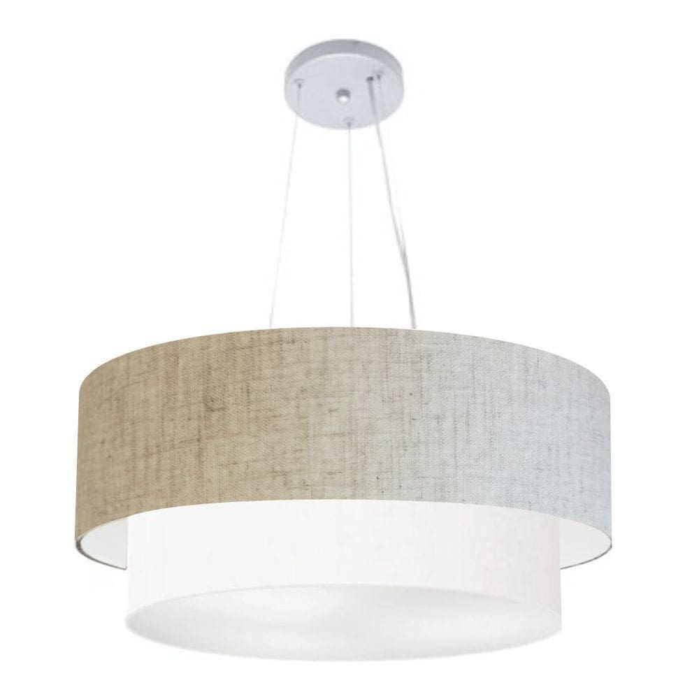 Lustre Pendente Duplo Cilíndrico Vivare Md-4082 Cúpula Em Tecido 60x50cm - Bivolt Rustico-bege-branco 127/220v