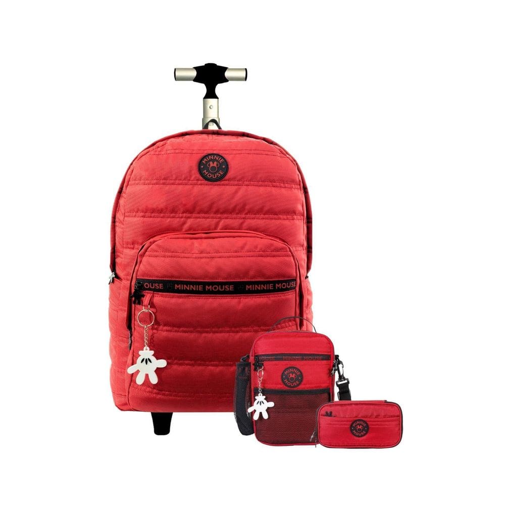 Kit Escolar Mochila Rodas+Lancheira+Estojo Vermelho Minnie